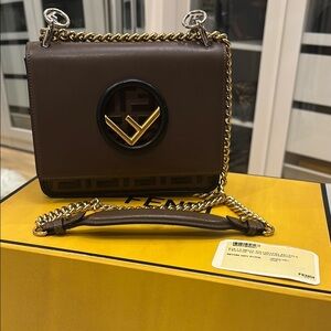 Authentic Fendi Ken Brown Shoulder Bag with Chain Strap and Logo